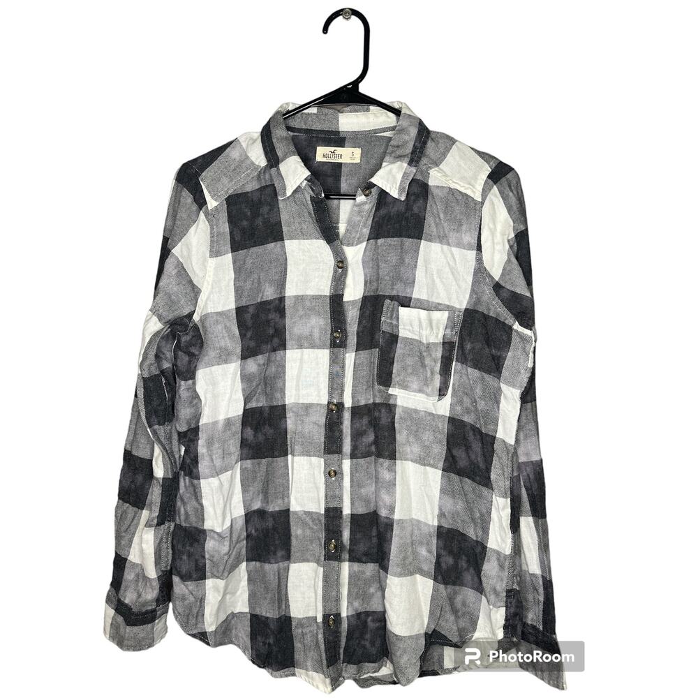 Hollister Black White Plaid Bleach Splatter Long Sleeve Button Down Size S